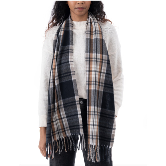 NWT Style & Co Classic Plaid Soft Wrap Scarf Black Tan Tartan Winter Cozy Macy's - Picture 1 of 8